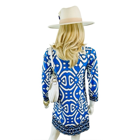 Laundry by Design Blue and White Geometric Shift Dress - 3/4 Sleeves - Size: 4 - Picture 4 of 5